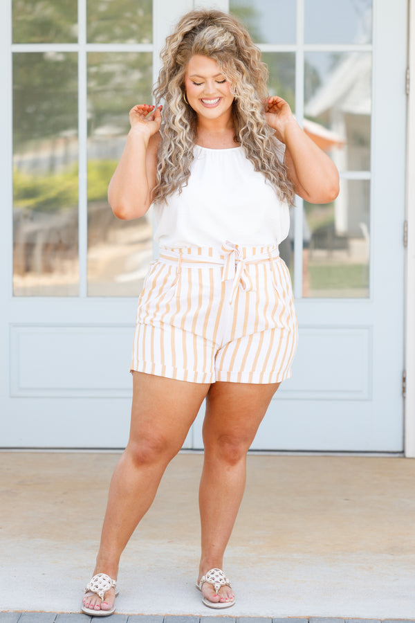 Chic Soul plus size clothing, yellow and white striped paperbag style shorts with a tie at waist
