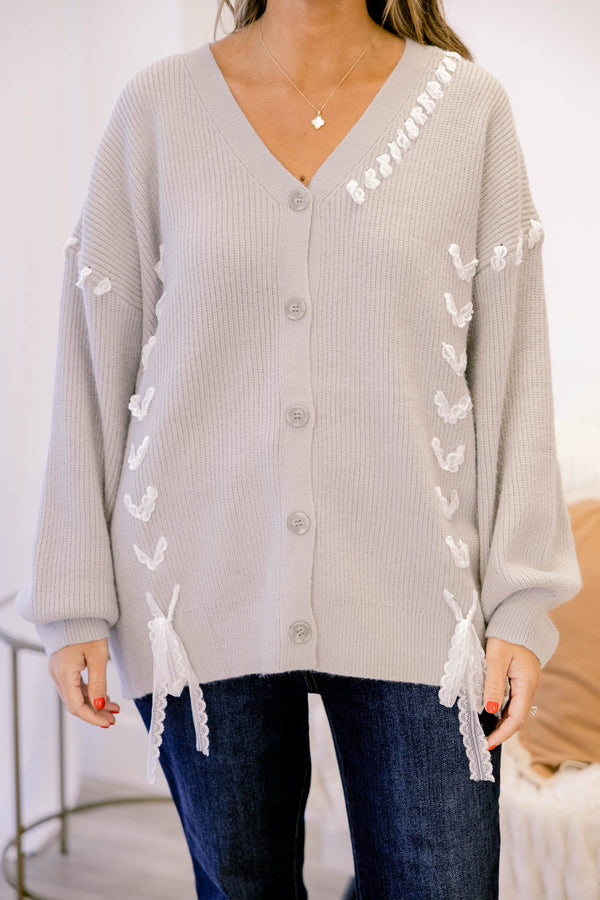 Chic Soul plus size clothing, light grey long sleeve button up cardigan with white lace threaded through the fabric
