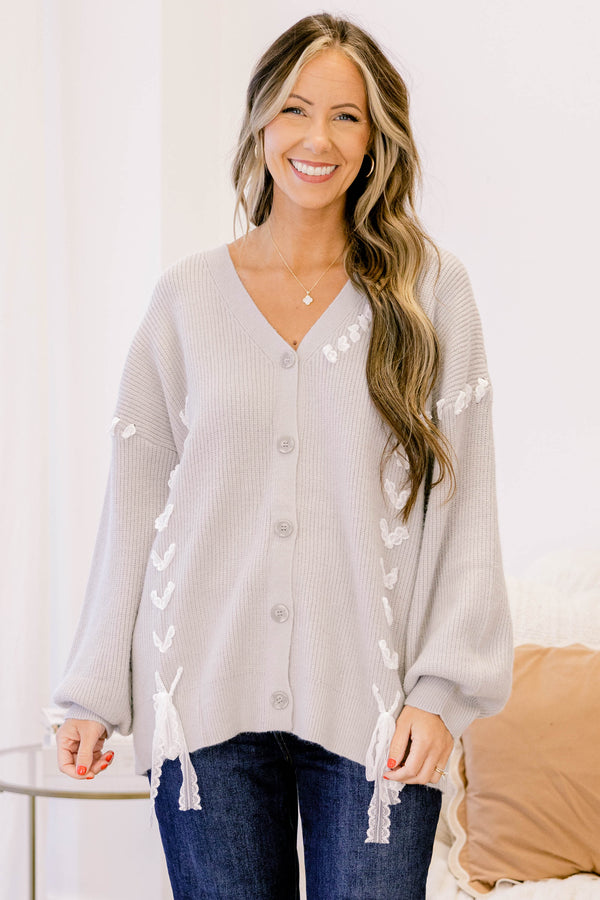 Chic Soul plus size clothing, light grey long sleeve button up cardigan with white lace threaded through the fabric