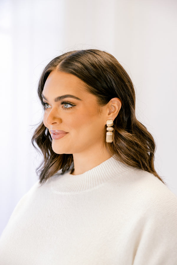 Chic Soul plus size clothing, gold square drop down statement earrings