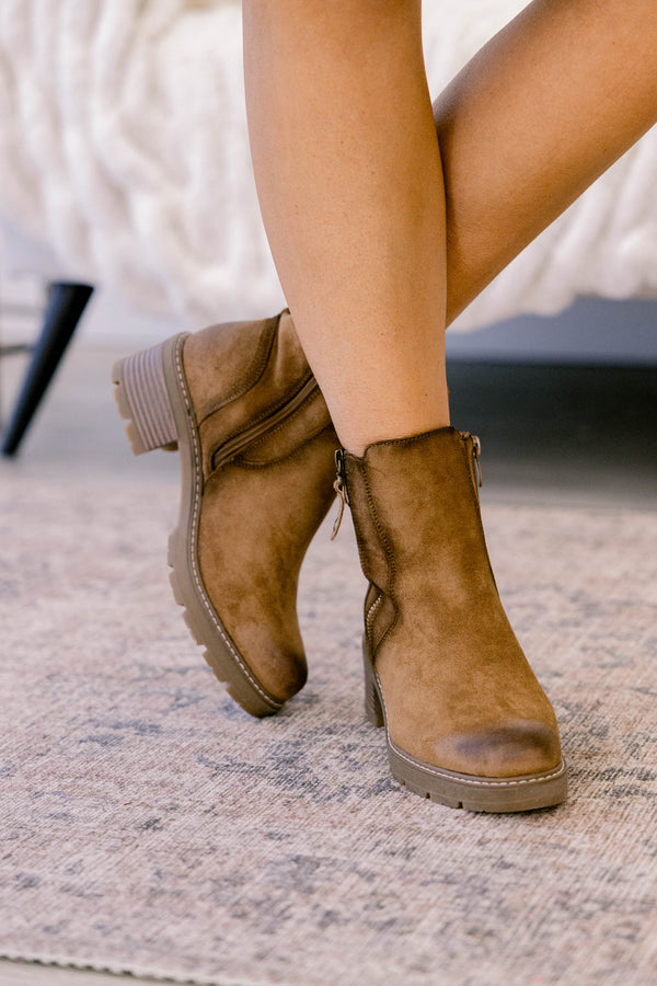 Chic Soul plus size clothing, dark brown round toe block heel booties