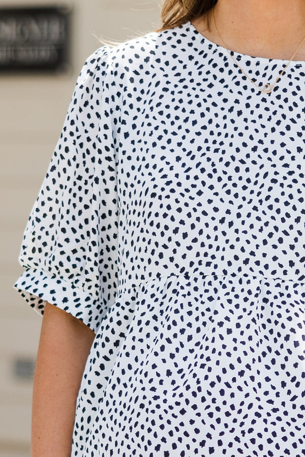 Chic Soul plus size clothing, short sleeve white top with black spotted pattern