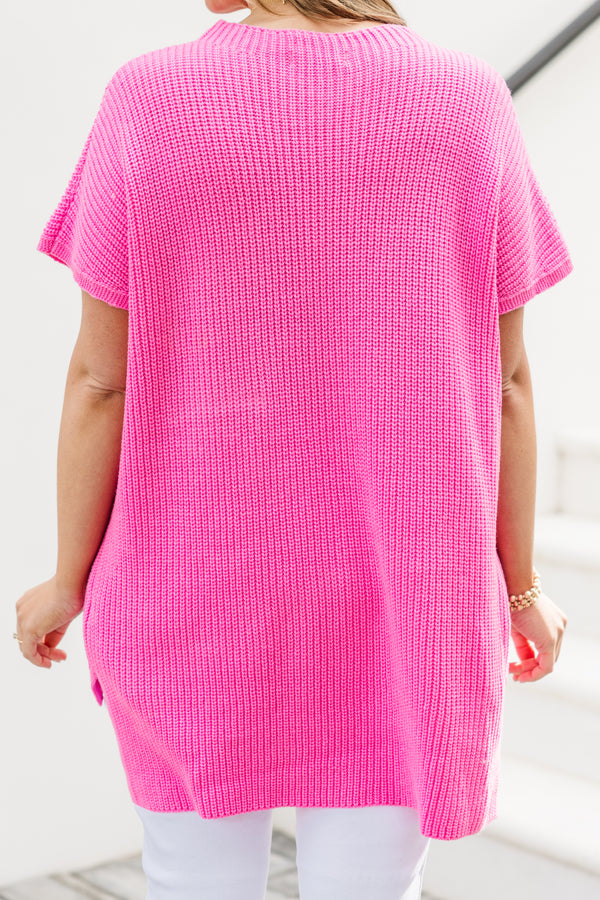 Chic Soul plus size clothing, short-sleeve knit bubblegum pink top with a high-scoop-neckline with a pocket on the bodice and a high-low-hemline 