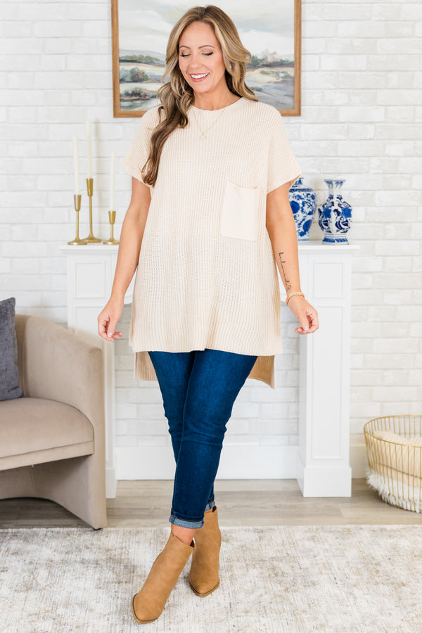 Chic Soul plus size clothing, cream knitted ribbed sweater with slit design on hemline and a front pocket
