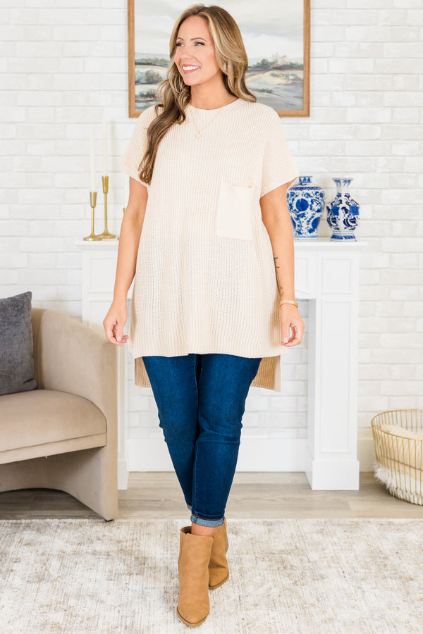 Chic Soul plus size clothing, cream knitted ribbed sweater with slit design on hemline and a front pocket