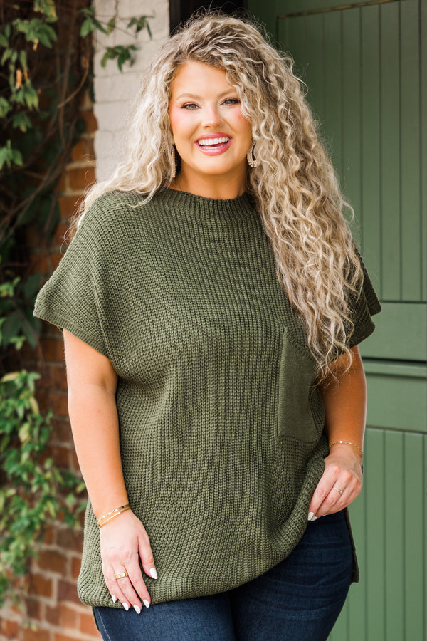 Chic Soul plus size clothing, olive green solid short sleeve top with pocket