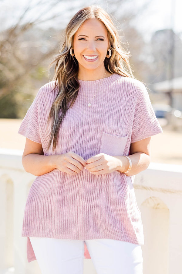 Chic Soul plus size clothing, pink short sleeve knit sweater top with chest pocket