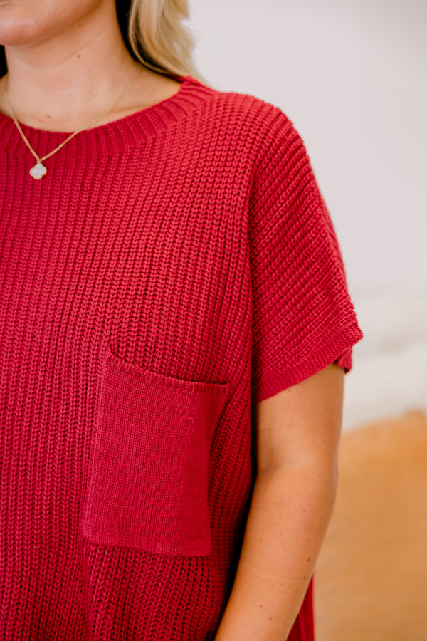 Chic Soul plus size clothing, red short sleeve sweater with a front pocket of the left side of the chest 