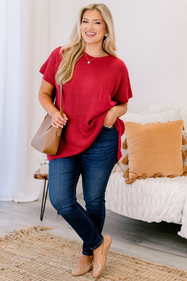Chic Soul plus size clothing, red short sleeve sweater with a front pocket of the left side of the chest 