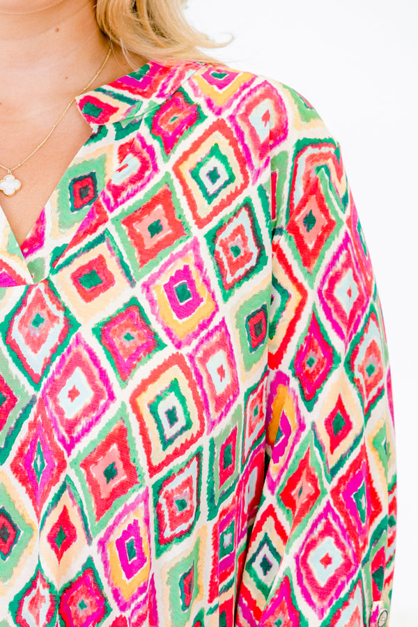 Chic Soul plus size clothing, pink multicolor top with half sleeves and a geometric pattern