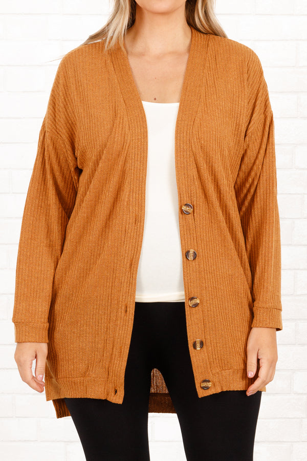 Chic Soul plus size clothing, rust colored cardigan with buttons