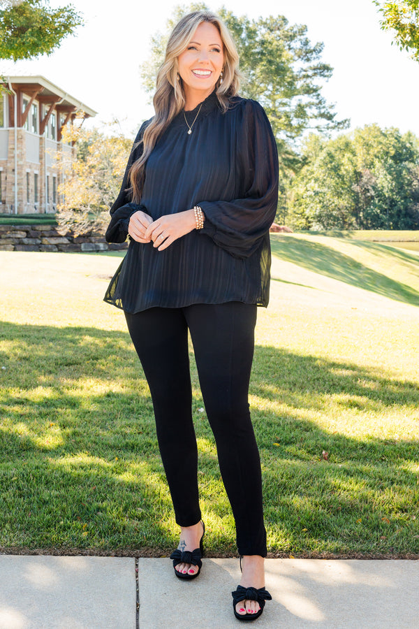 Chic Soul plus size clothing, black long sleeve ribbed pattern top with smocked mock neckline with smocked cuff sleeves with sheer detailing on bubble sleeves
