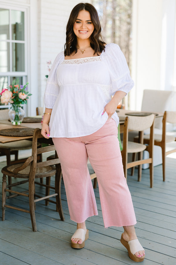 Chic Soul plus size clothing, white mid sleeve babydoll top with lace trim