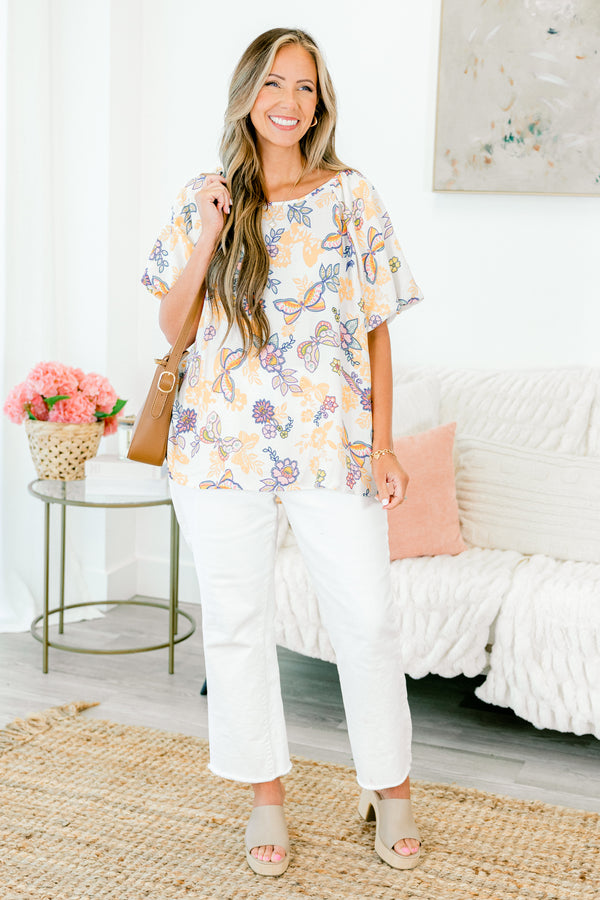 Chic Soul plus size clothing, short sleeve mango butterfly top high scoop-neckline with puffed sleeves 