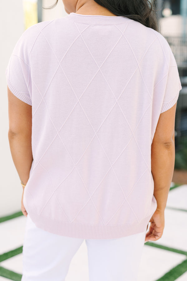 Chic Soul plus size clothing, light purple short sleeve sweater with a windowpane texture throughout 