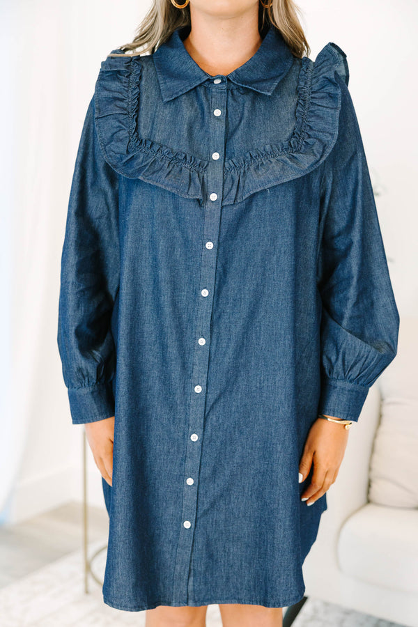 Plus size clothing, dark denim short dress with long sleeves and button down front