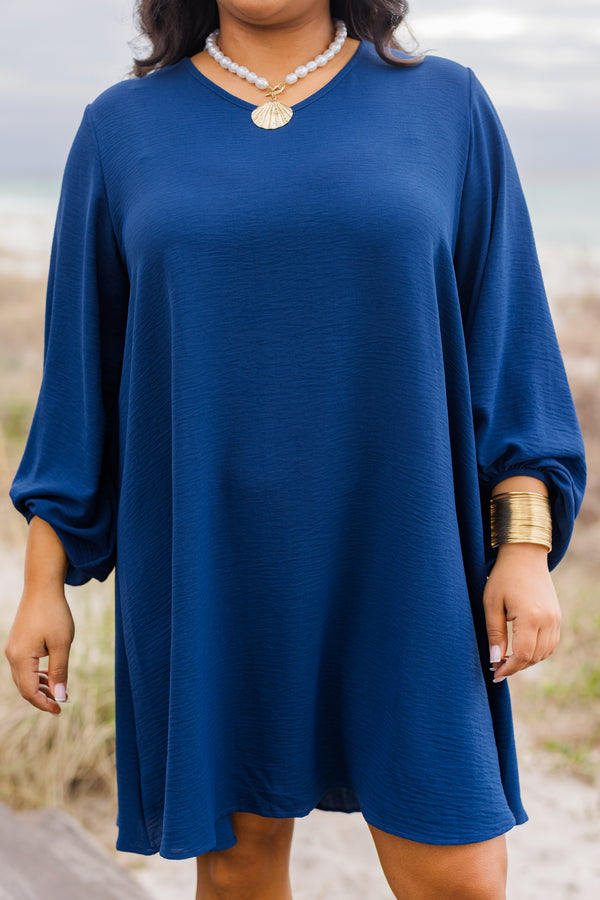 Chic Soul plus size clothing, navy long bell sleeve flair dress
