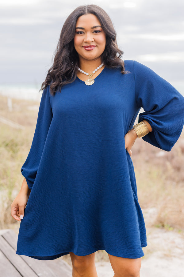 Chic Soul plus size clothing, navy long bell sleeve flair dress