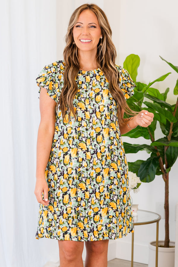 Chic Soul plus size clothing, teal short sleeve mini dress with yellow floral design with ruffle sleeves