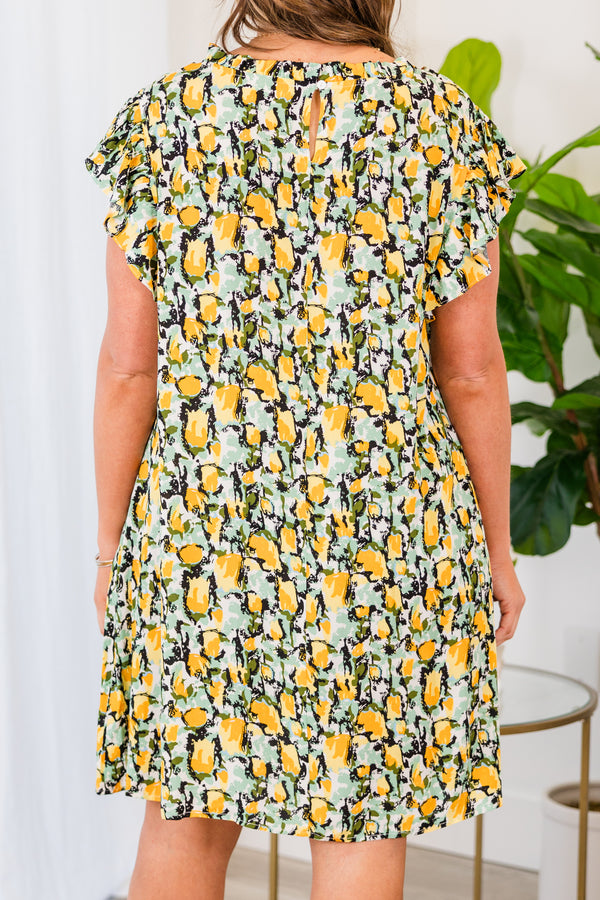 Chic Soul plus size clothing, teal short sleeve mini dress with yellow floral design with ruffle sleeves