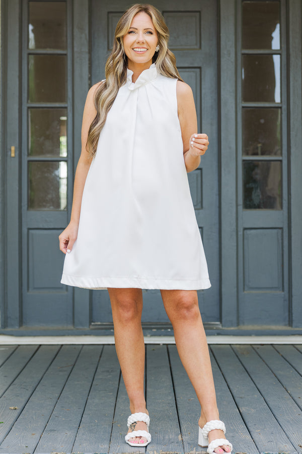 Chic Soul plus size clothing, sleeveless high ruffled neckline off white mini dress