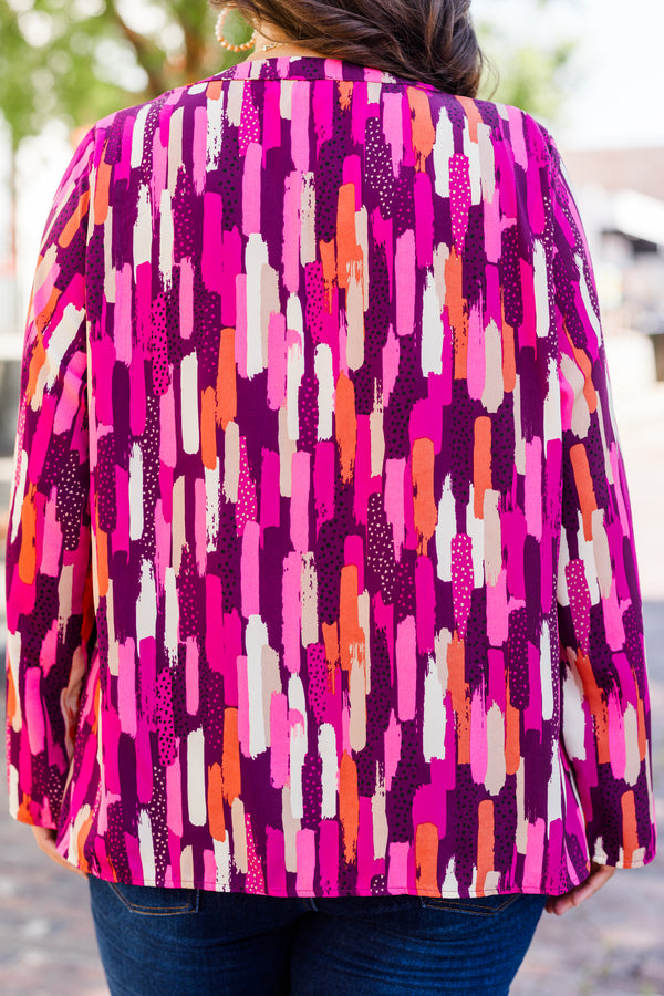 Chic Soul plus size clothing, long sleeve pink multi pattern abstract top with v neckline