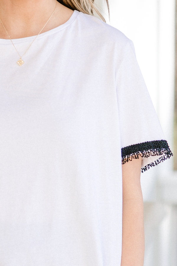 Chic Soul plus size clothing, off white short sleeves top with black embellished beaded details on sleeves