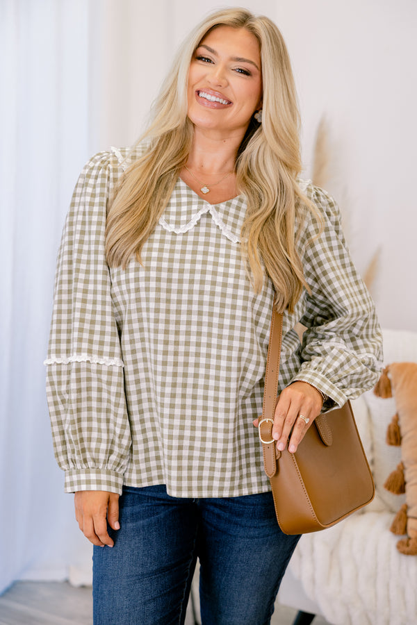 Chic Soul plus size clothing, green plaid long sleeve top with a ruffle detail on the sleeves as well as the neckline 