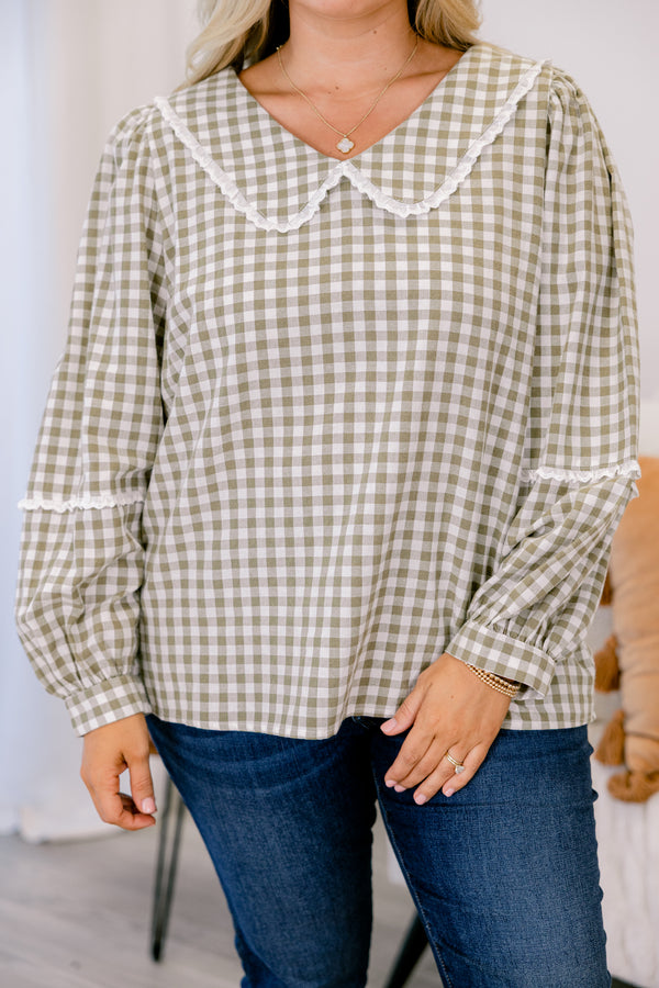 Chic Soul plus size clothing, green plaid long sleeve top with a ruffle detail on the sleeves as well as the neckline 