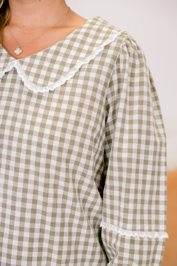 Chic Soul plus size clothing, green plaid long sleeve top with a ruffle detail on the sleeves as well as the neckline 