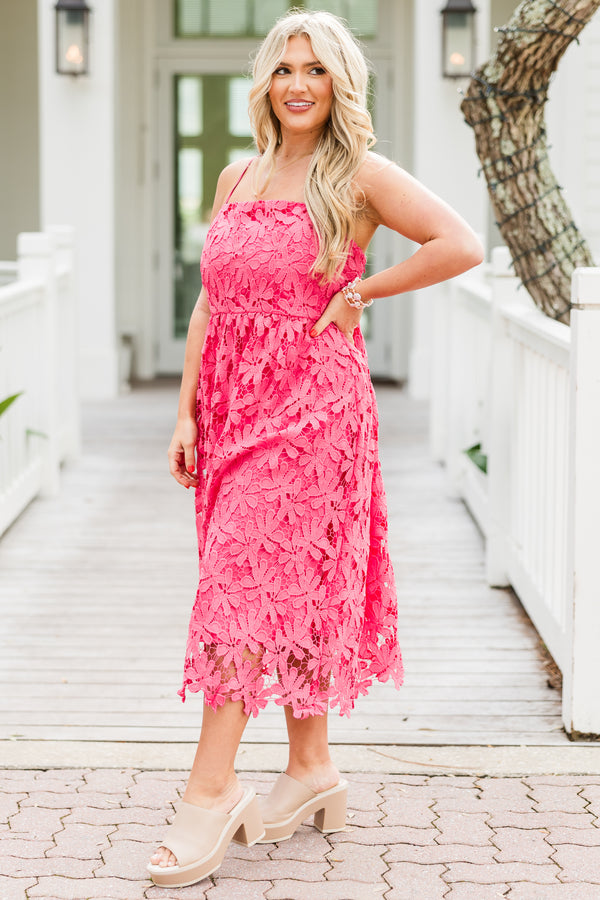 Chic Soul plus size clothing, spaghetti strap pink midi dress with a square-neckline and a floral lace pattern