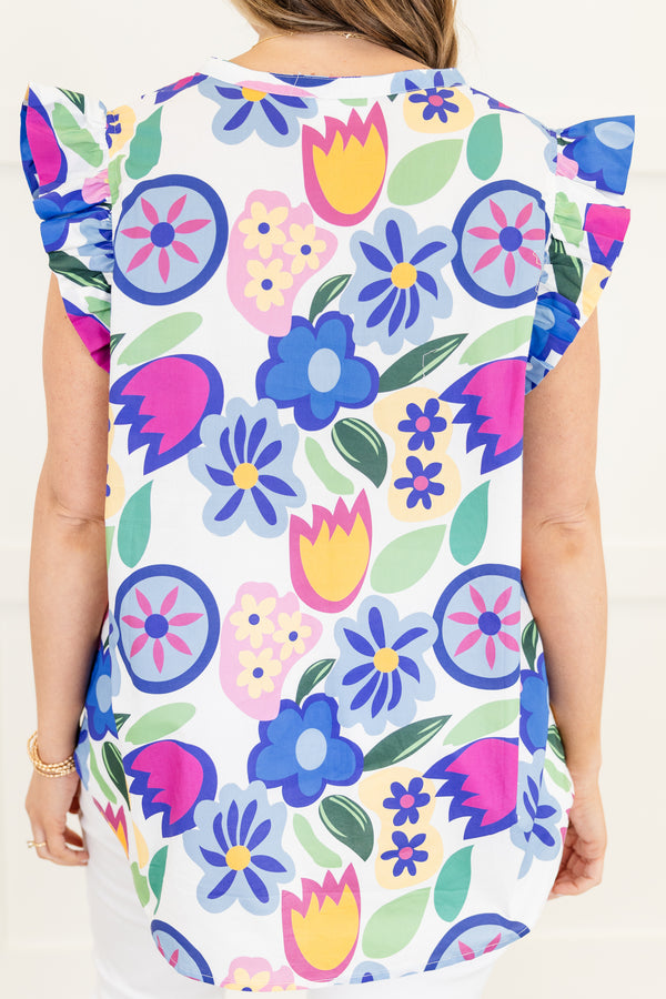 Chic Soul plus size clothing, flutter-sleeve blue top with a split-v-neckline and a geometric multi-colored floral pattern 