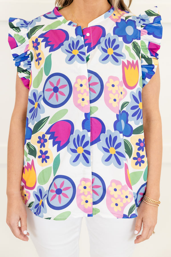 Chic Soul plus size clothing, flutter-sleeve blue top with a split-v-neckline and a geometric multi-colored floral pattern 