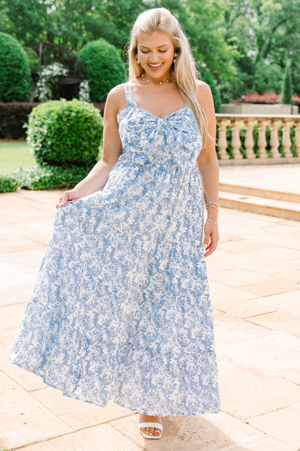 Chic Soul plus size clothing, blue floral pattern sleeveless maxi dress with bow feature at the top