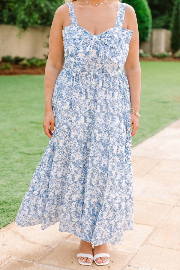 Chic Soul plus size clothing, blue floral pattern sleeveless maxi dress with bow feature at the top