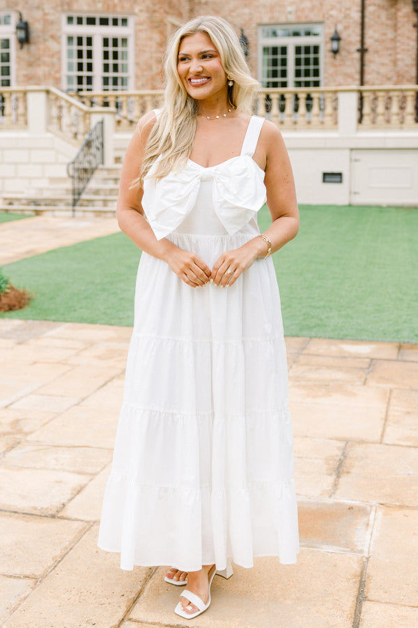 Chic Soul plus size clothing, solid white sleeveless maxi dress with bow feature at the top