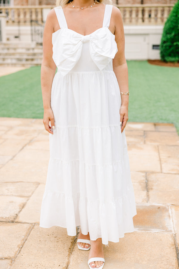 Chic Soul plus size clothing, solid white sleeveless maxi dress with bow feature at the top
