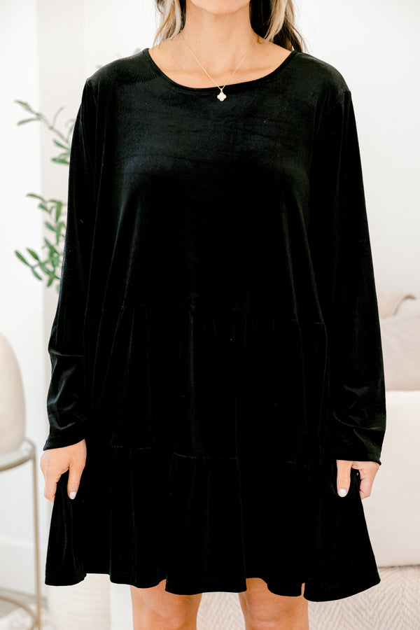 Chic Soul plus size clothing, black long sleeve velour short dress with crew neckline