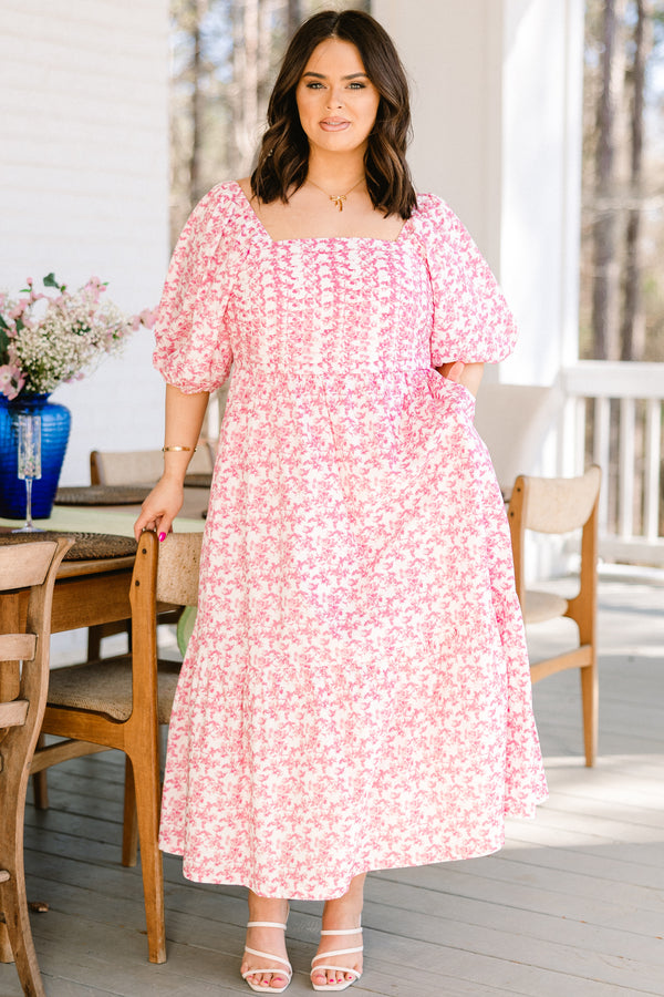 Chic Soul plus size clothing, white and pink small floral midi dress with puff sleeves and tie in the back