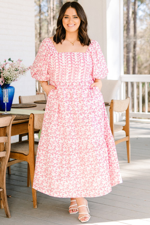 Chic Soul plus size clothing, white and pink small floral midi dress with puff sleeves and tie in the back