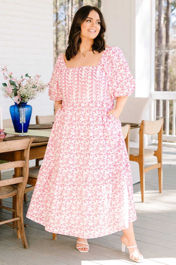 Chic Soul plus size clothing, white and pink small floral midi dress with puff sleeves and tie in the back
