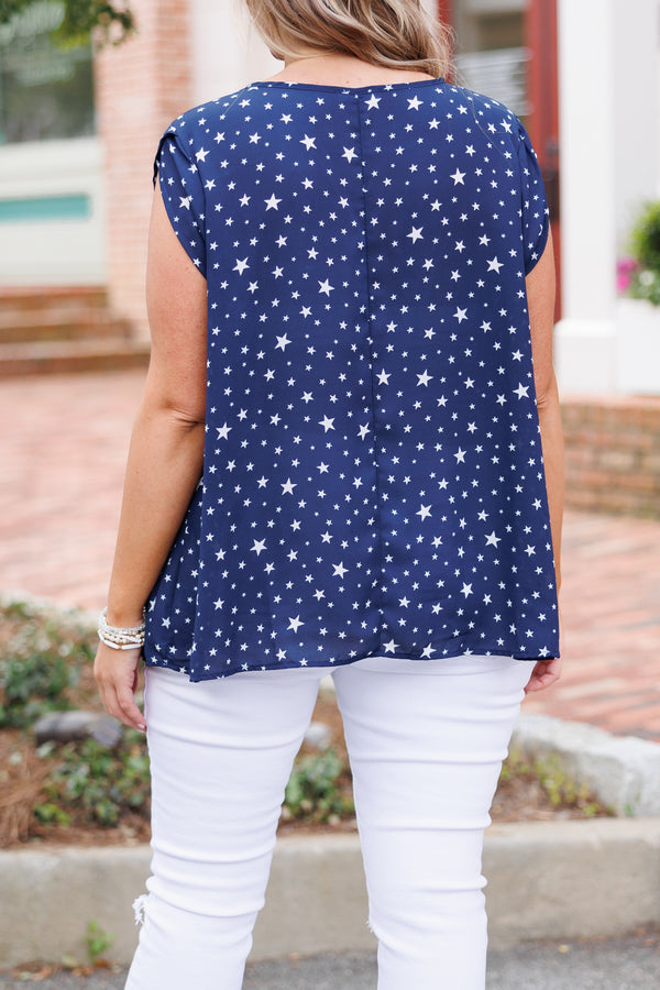 Chic Soul plus size clothing, navy flowy top with stars pattern