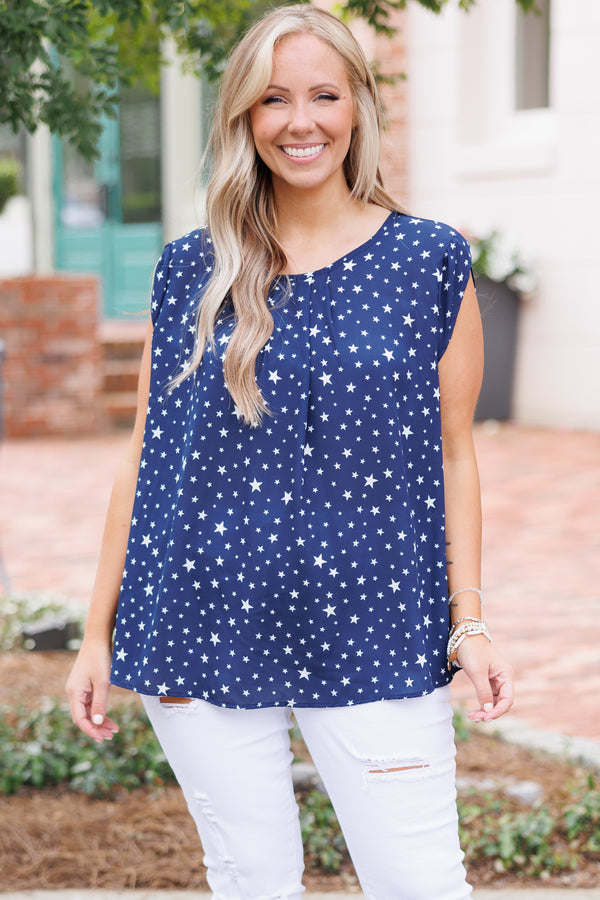 Chic Soul plus size clothing, navy flowy top with stars pattern