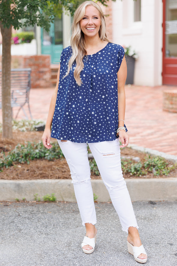 Chic Soul plus size clothing, navy flowy top with stars pattern