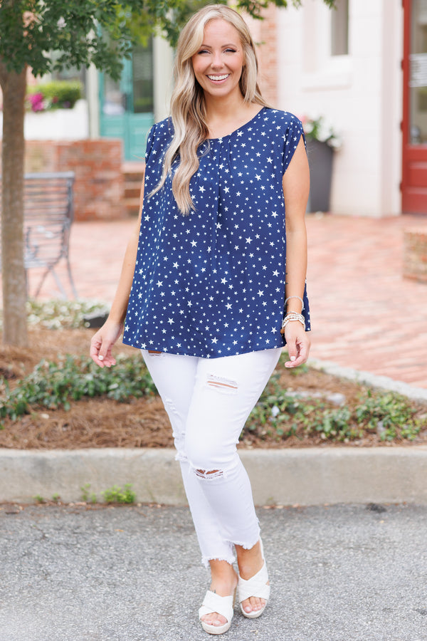 Chic Soul plus size clothing, navy flowy top with stars pattern
