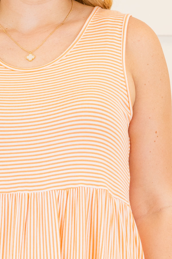 Chic Soul plus size clothing, orange sleeveless baby doll tiered tank with small white stripe pattern with scoop neckline