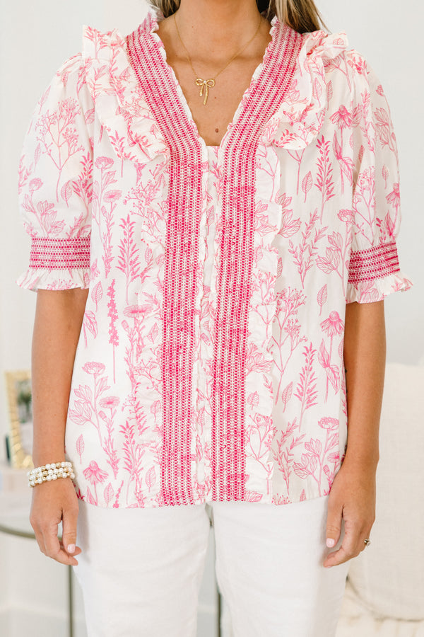 Chic Soul plus size clothing, white short sleeve top with pink floral detail with pink stitching detail along center and sleeves