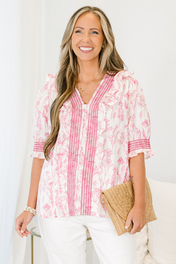 Chic Soul plus size clothing, white short sleeve top with pink floral detail with pink stitching detail along center and sleeves
