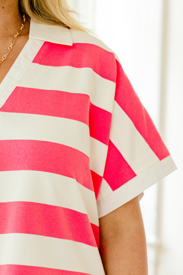 Chic Soul plus size clothing, pink and white stripe short sleeve top with v cutout along neckline with collar detail with large stripes on top with pinstripe ruffle along the bottom