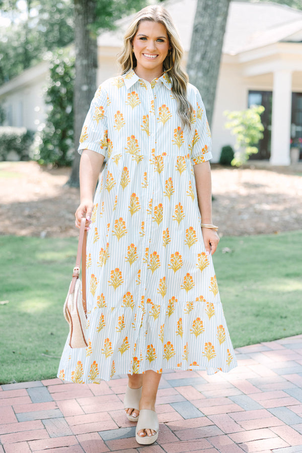 Plus Size baby blue striped midi dress with orange floral block print, collar, and button front.